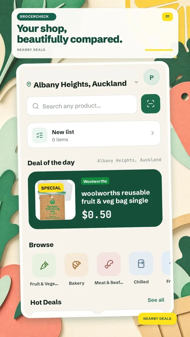 GrocerCheck showing local deals, product search and grocery categories